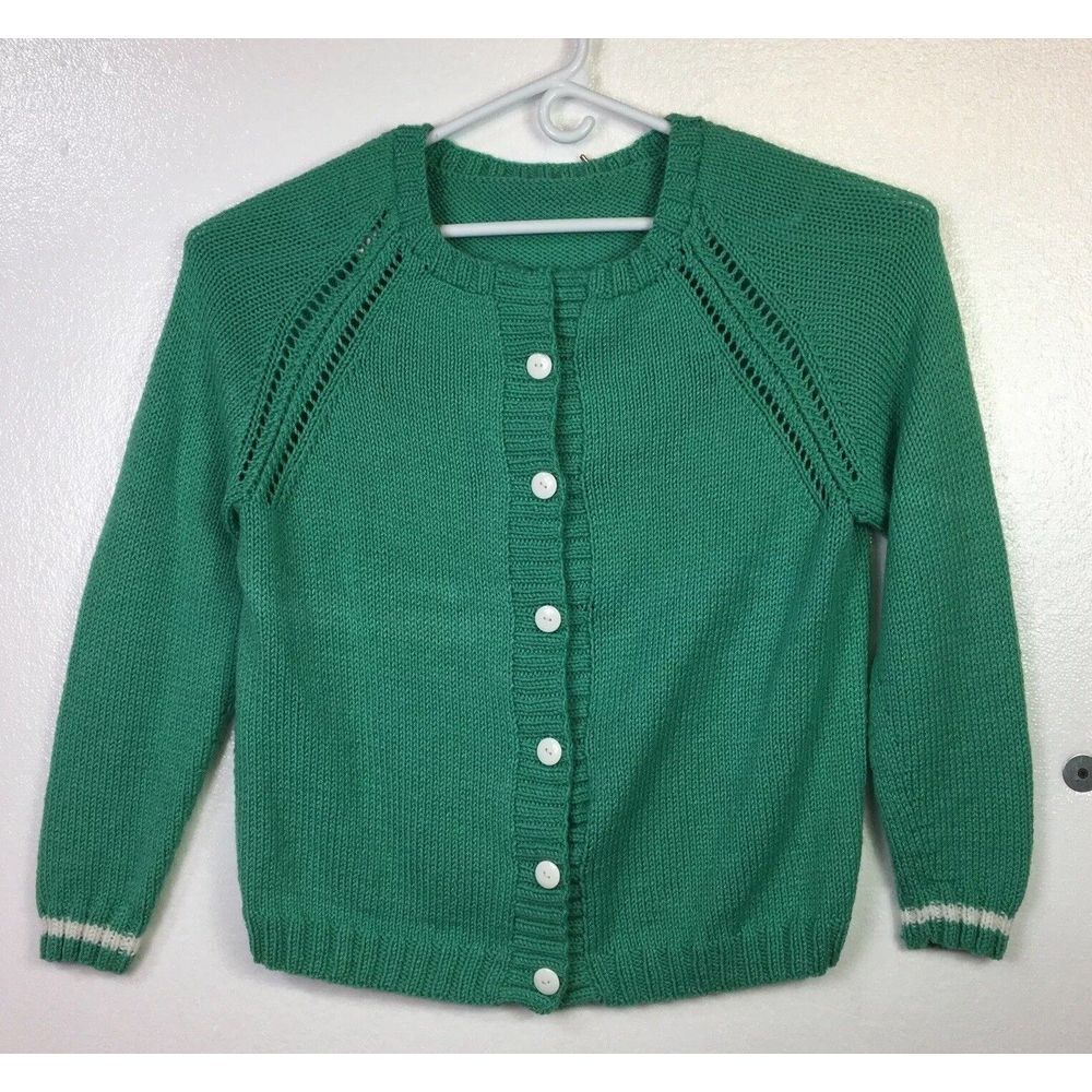Handknit Handmade Cardigan Womens Sz L/XL Green Button Up Cableknit Soft Sweater
